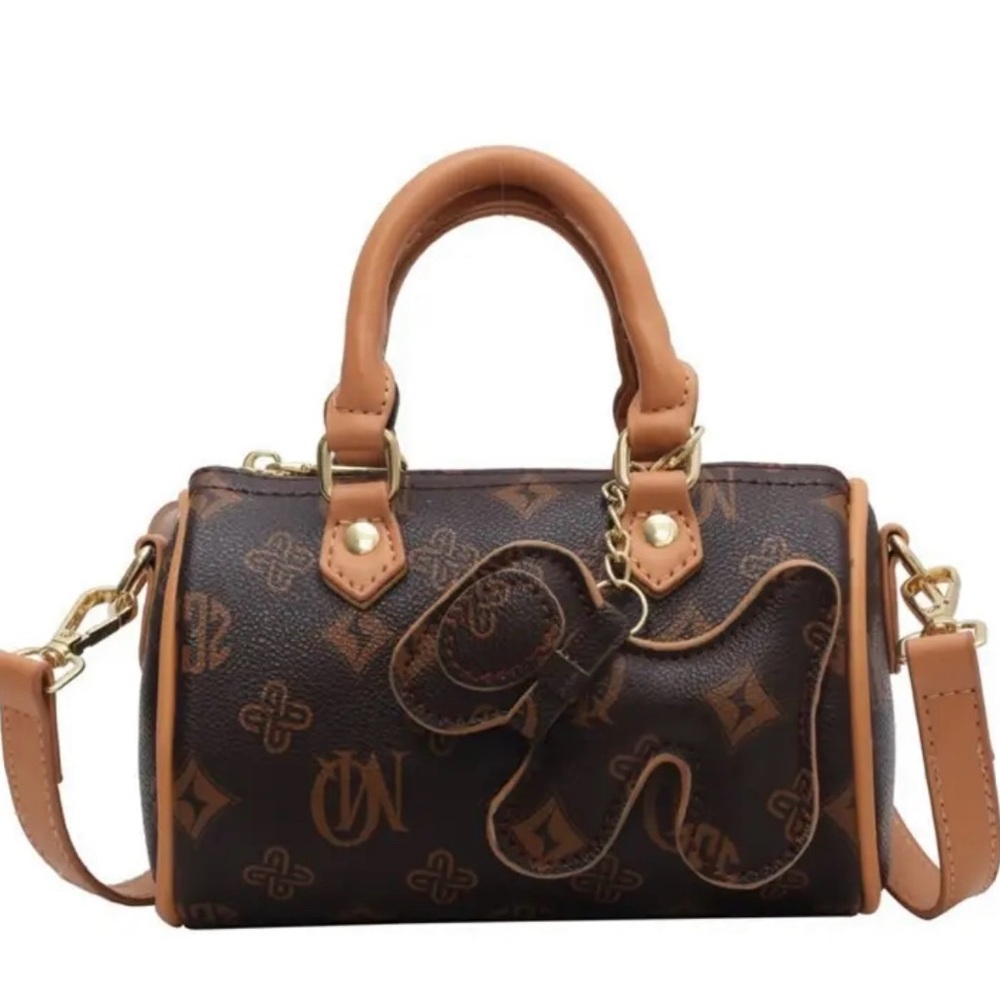 Brown Monogram Barrel Bag Designer Inspired with Puppy Charm & Golden-Tone NIP